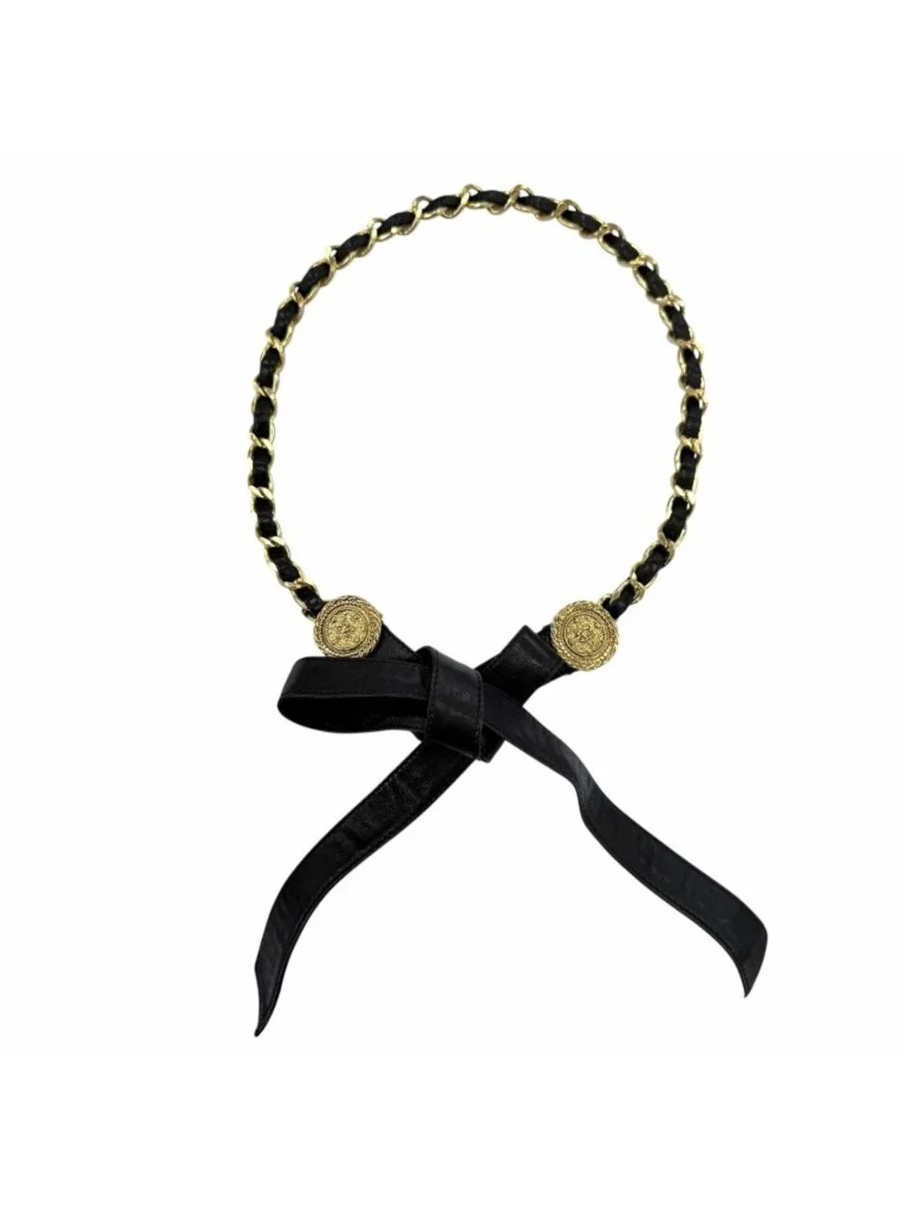 Chanel Vintage Metal CC Logo Leather Chain Ribbon Belt Gold Black